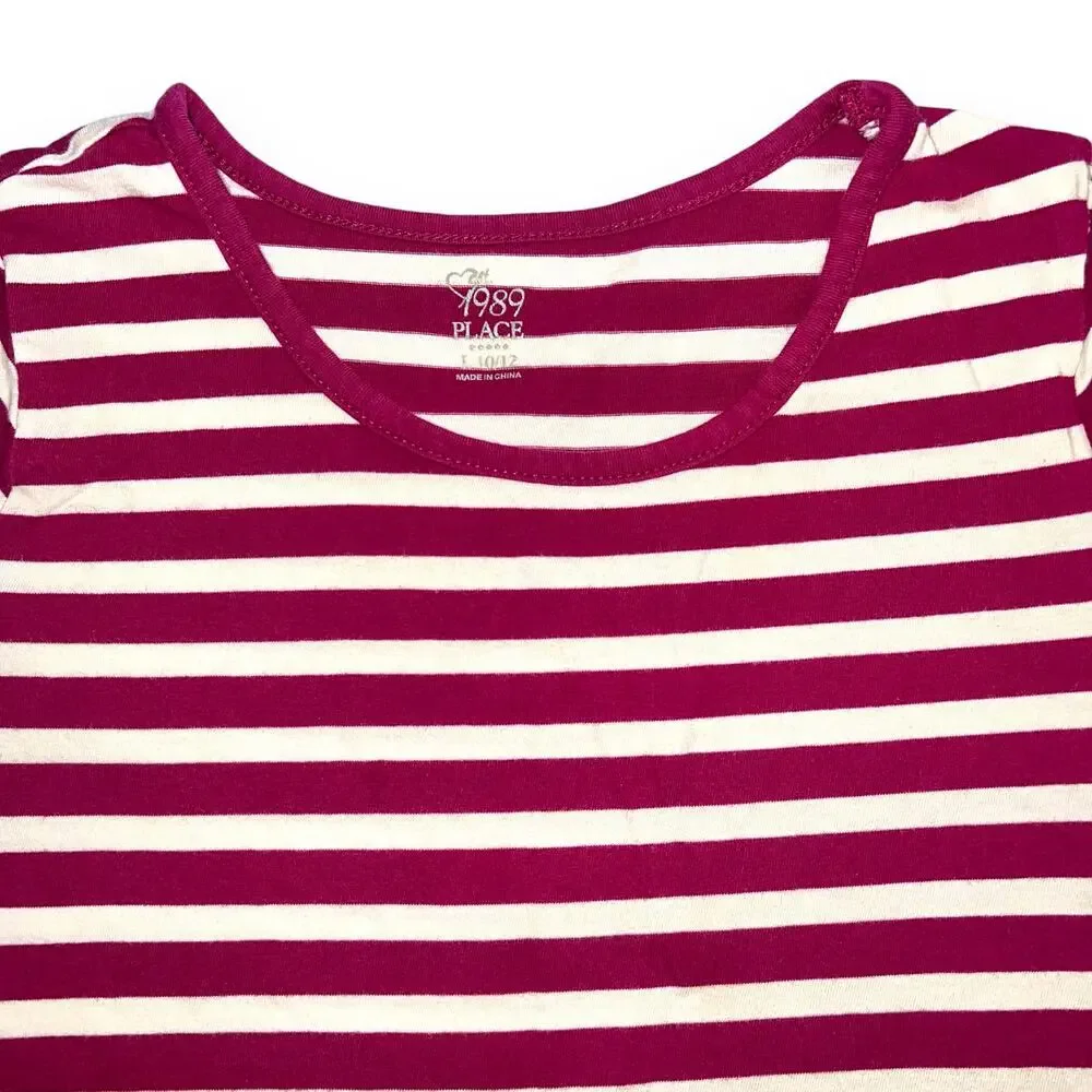 Childrens Place Girls T Shirt Dress Ruffled Stripes Pullover Pink White Large